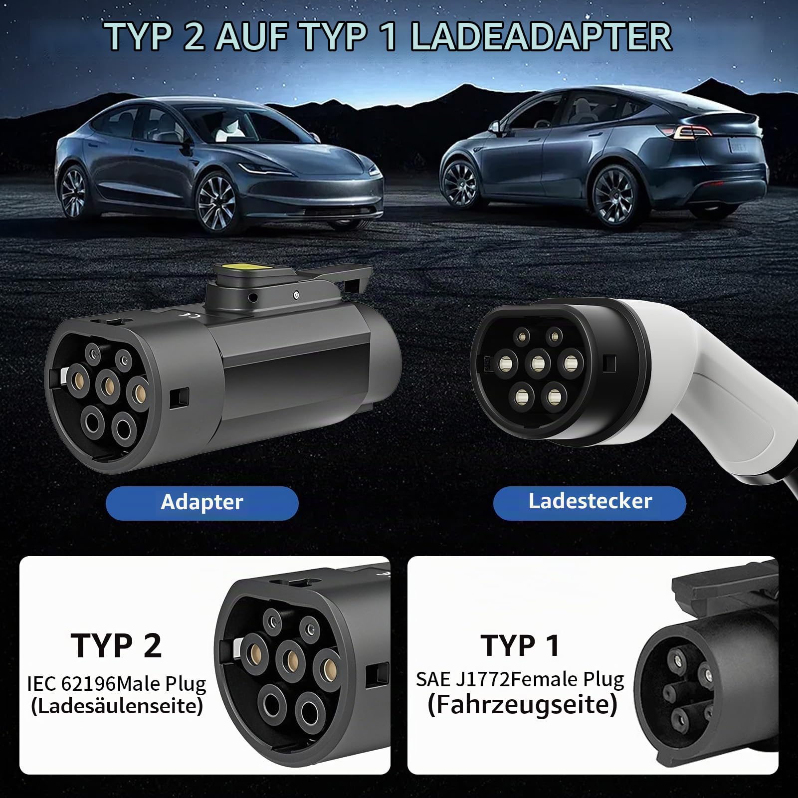 Typ 2 auf Typ 1 EV-Adapter - 32A Hochwertiger EV Ladekabel Autoladegerät Adapter, Typ 2 bis Typ 1 EV für Elektrofahrzeug Ladekabel, Elektrofahrzeug Ladegerät Konverter Auto Ladeadapter