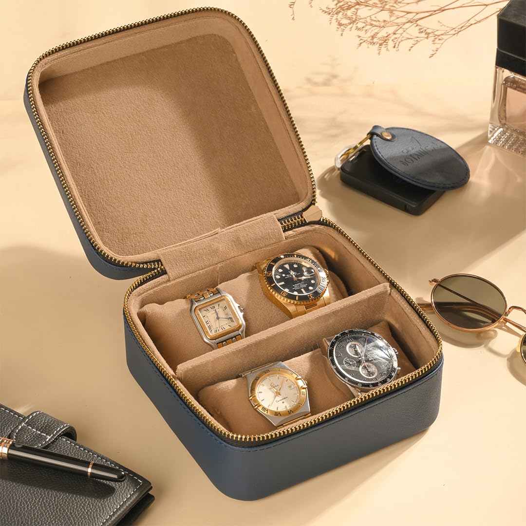 CASA BOTANICAL Premium Smart Watch Case for 4 Watches Leather Men & Women Watch Box Organizer Case Women Storage Jewelry - Ideal Valentine's Day Gift (Beige) (Blue)