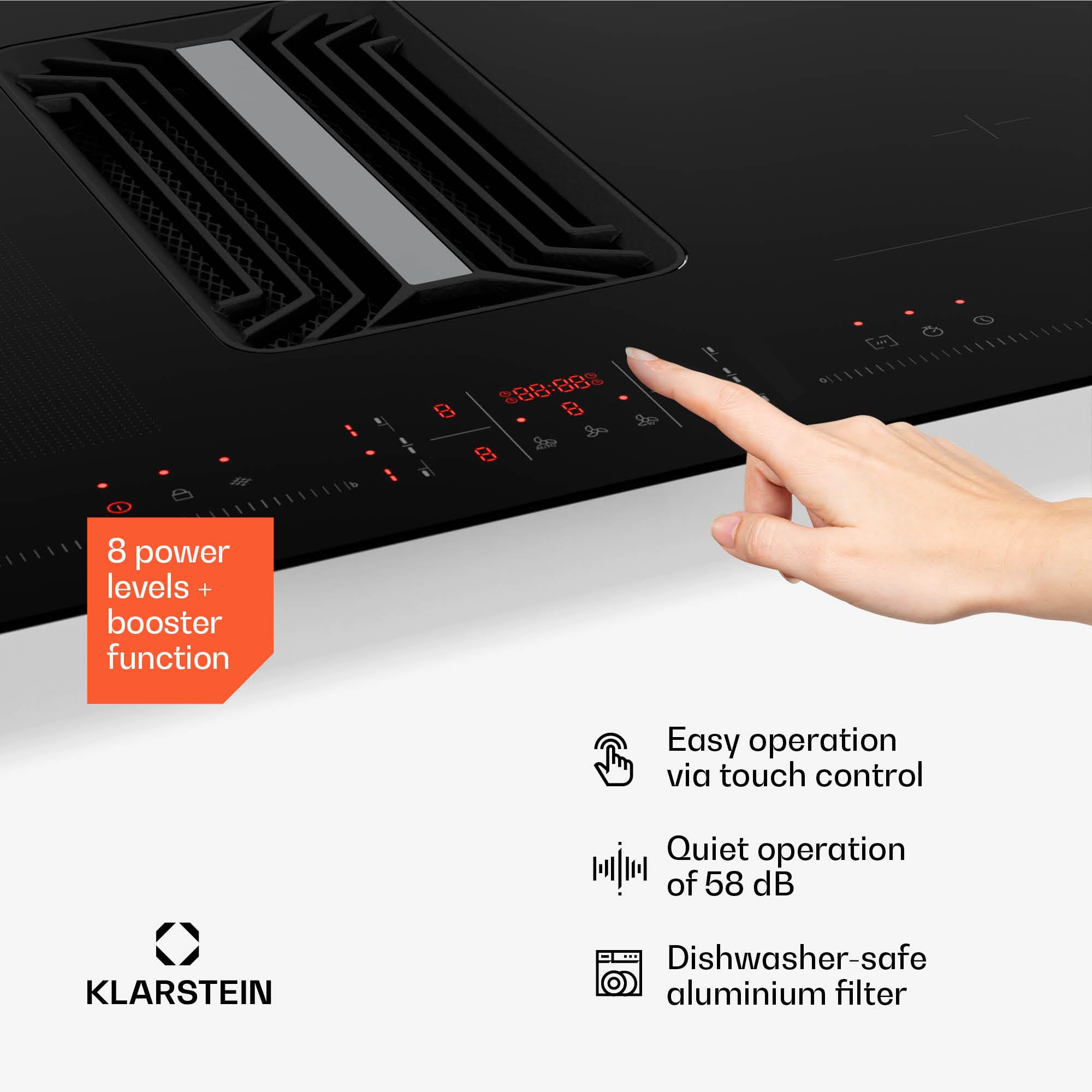 Klarstein AirJet Płyta indukcyjna z okapem - 12 kW, Boost 750 m³/h, Klasa energetyczna A++, 9 stopni, Panel dotykowy, Cicha 58 dB, Bridge-Connect, Aluminium i filtr węglowy, Czarna