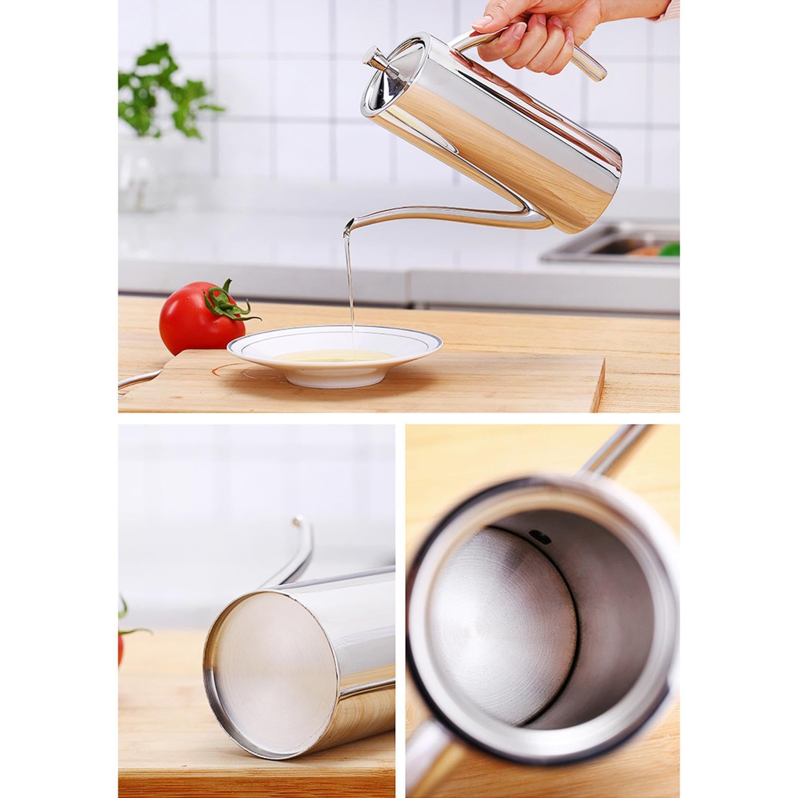 Bottiglia dispenser per olio, 500 ml, in acciaio inox, con manico, a prova di perdite, per olio d'oliva e aceto, per cucinare, grigliare, preparare i pasti, cucina, barbecue