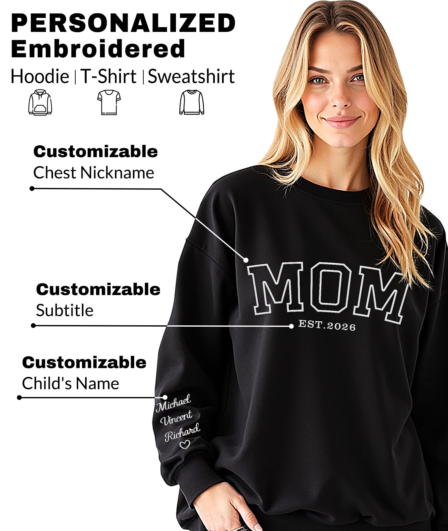 Personalized Mothers Day Birthday Gifts for Mom Grandma, Custom Embroidered Sweatshirt with Name on Sleeve - 3