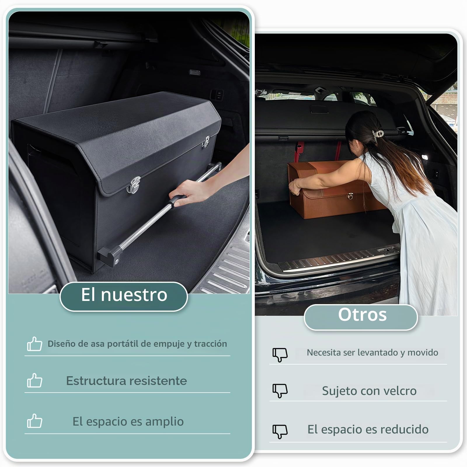 Organizador de Maletero de Gran Capacidad 60L para Coches y SUVs - Caja de Almacenamiento con Tapa, Asa Robusta y Base Antideslizante - Compartimento Extraíble(Negro, 69x29x31cm)