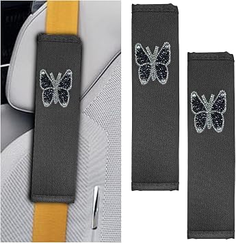 2PCS Bling Car Seat Belt Covers, Polyester Fiber Vehicle Seatbelt Cushion Pad Protector, Crystal Butterfly Safe Strap Cover Pad, Comfort Car Seat Belt Shoulder Pads Accessories, Universal Fit Black