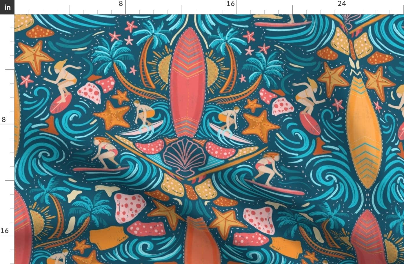 Spoonflower Fabric - Surfboard Summer Illustration Beach Tropical Ocean Sports Surfing Printed on Organic Cotton Sateen Fabric by The Yard - Sewing Quilting Apparel Home Decor