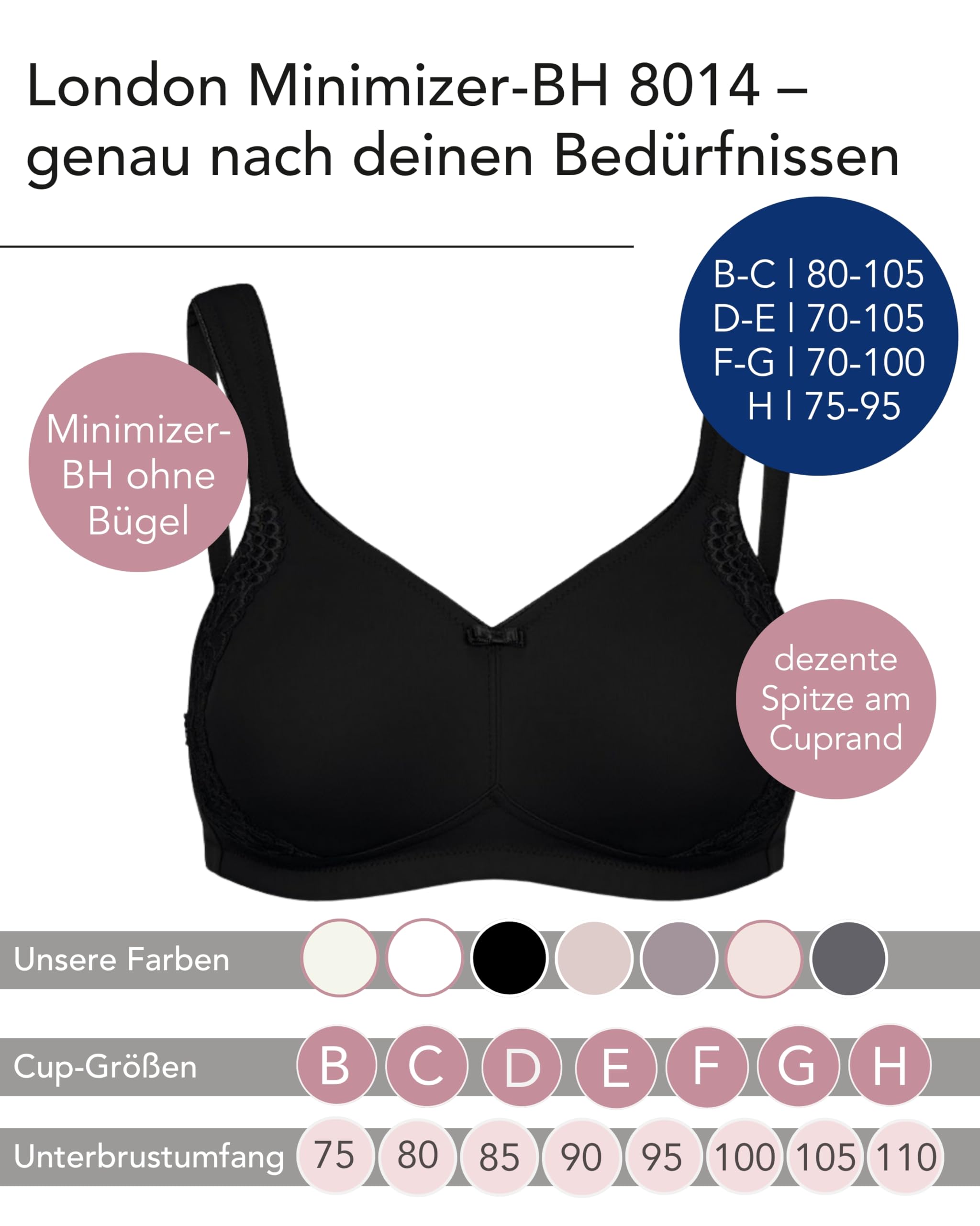 SUSA Minimizer BH Damen ohne Bügel I London I Damen-BHS mit Minimizer Schnittform, verkleinert die Brüste optisch I Gemoldete Cups, breite Träger