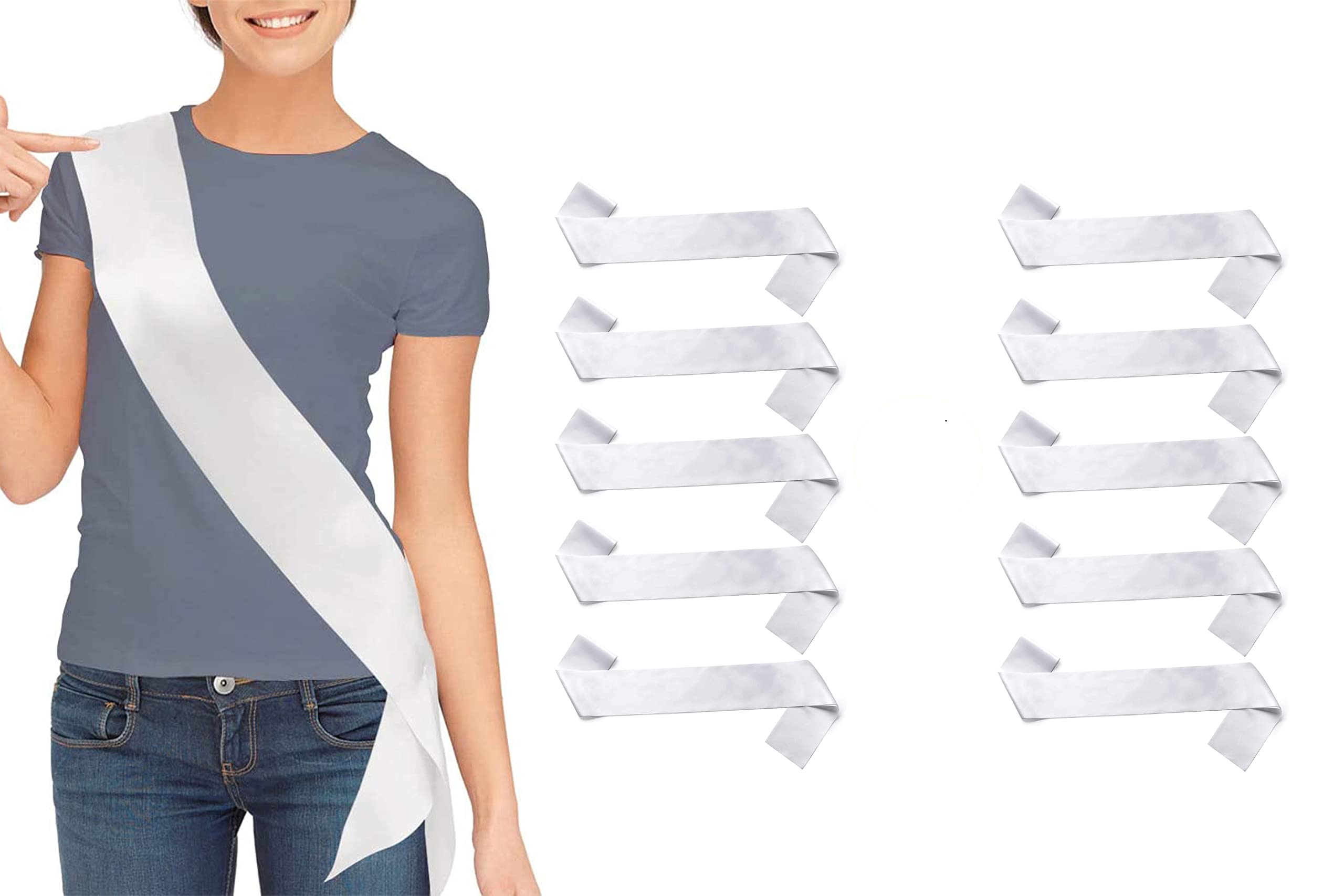 Plain White sash Blank/Plain Satin Sash Party DIY Plain Sash Party Accessory for Wedding, Hen Party, White Party Decoration Stain Sash (White Pack of 10)-image-0