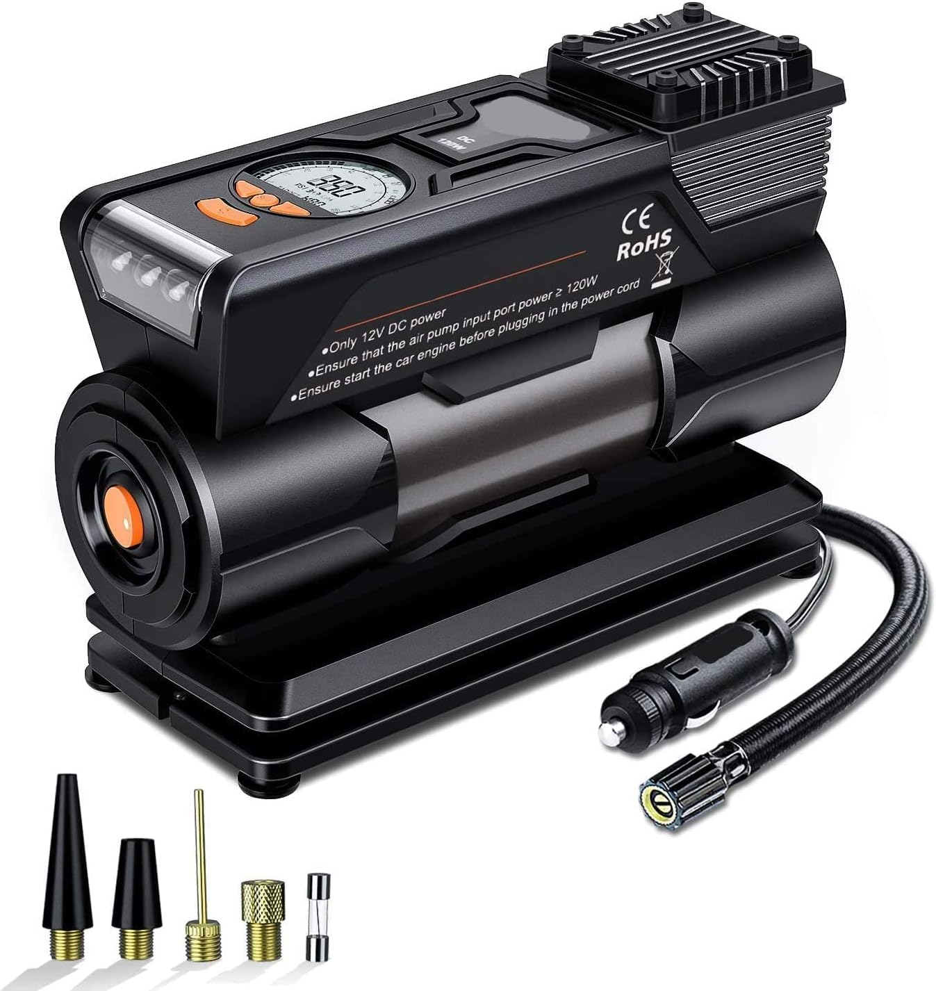 Gener Inflador de neumáticos Digital para automóvil, 150PSI 12V portátil, Pantalla LCD HD, Linterna LED, Unidad de 3 Pantallas, 120W con manómetro, adaptadores de 4 boquillas, Fusible Adicional
