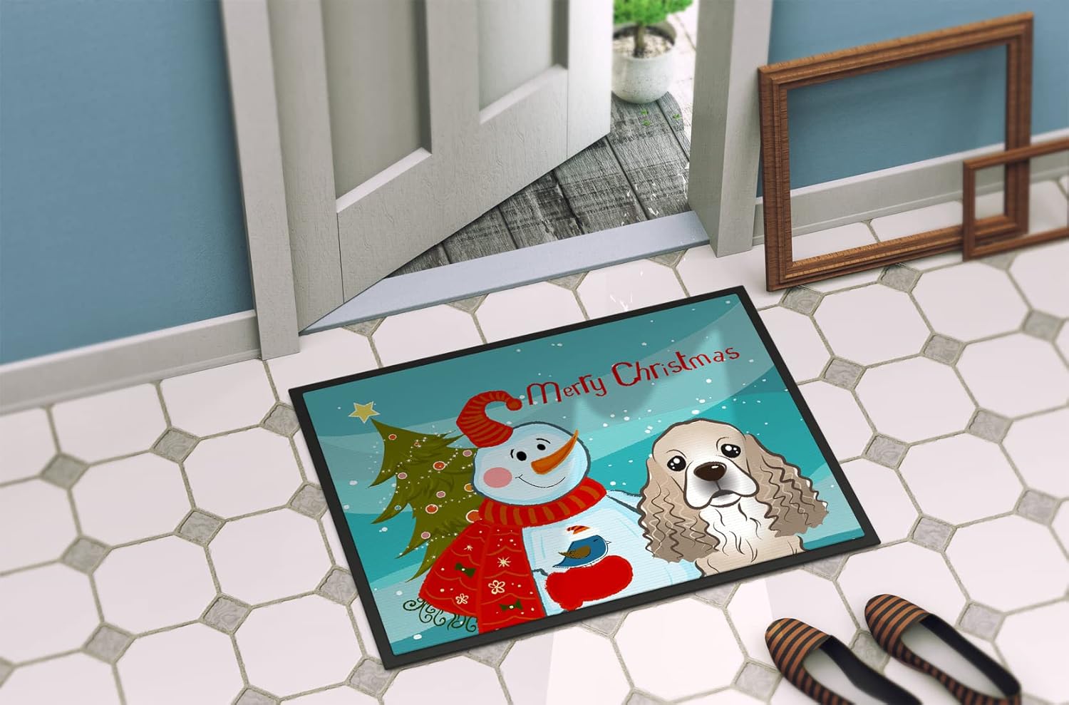 Caroline's Treasures BB1836MAT Snowman with Cocker Spaniel Doormat 18x27 Front Door Mat Indoor Outdoor Rugs for Entryway, Non Slip Washable Low Pile, 18H X 27W