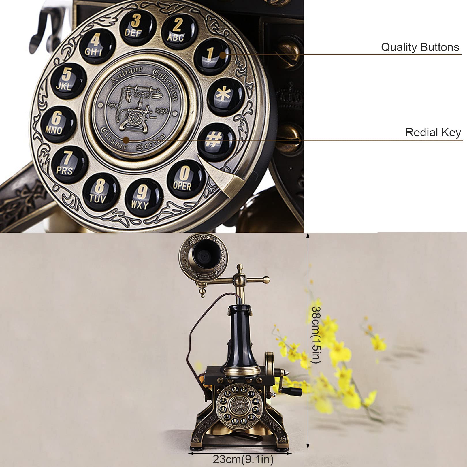 Antyczny telefon vintage, telefon stacjonarny w stylu retro z tarczą do wystroju kawiarni i baru, telefon stacjonarny w stylu europejskim