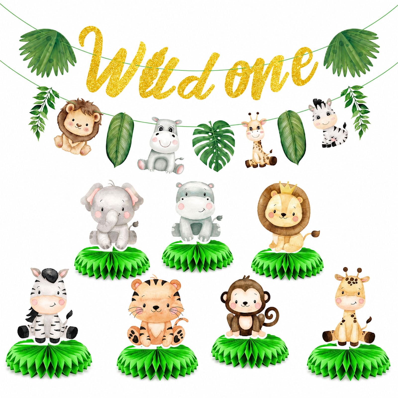 Pancarta de animales de la selva Wild One con 7 centros de mesa tridimensionales