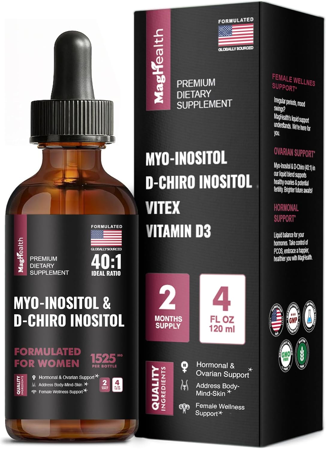 Myo-Inositol & D-Chiro Inositol Liquid Drops for Women | 40:1 Ratio | Hormone Balance & Cycle Support | Vitex + Vitamin D3 | No Pills | 4 Fl Oz (2-Month Supply)