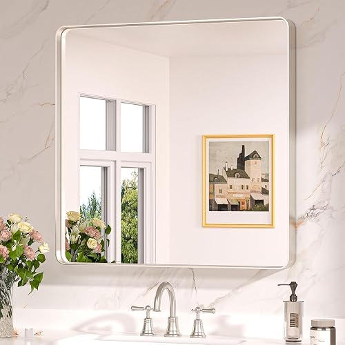 Keonjinn 30 x 30 Inch Brushed Nickel Bathroom Mirrors for Over Sink | HD Tempered Glass, Silver Vanity Mirror, Rust-Resistant Aluminum Frame, Rounded Rectangle, French Cleat Mount, Home Décor