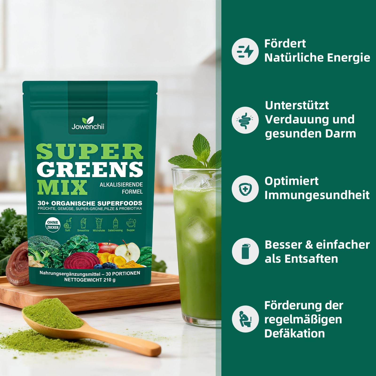 Grüne Entgiftungspulver, Grünes Superfood Pulver Helfer– 33 Zutaten mit Spirulina, Chlorella, Pflanzenstoffen – Greens Pulver mit Ballaststoffen, Enzymen & Probiotika – Vegan, ohne Zuckerzusatz