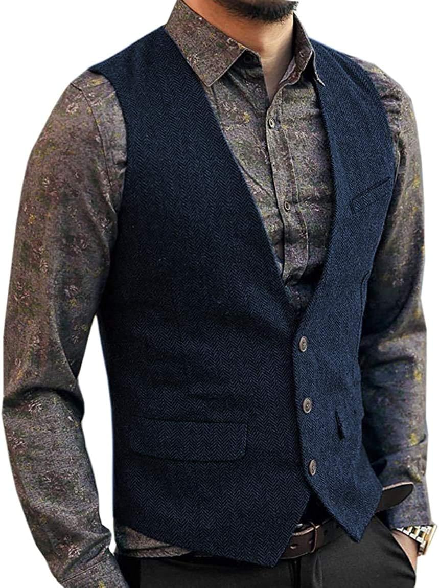 Mens Vests Herringbone Suit Vest Slim Fit V-Neck Waistcoat Business Vest Wedding
