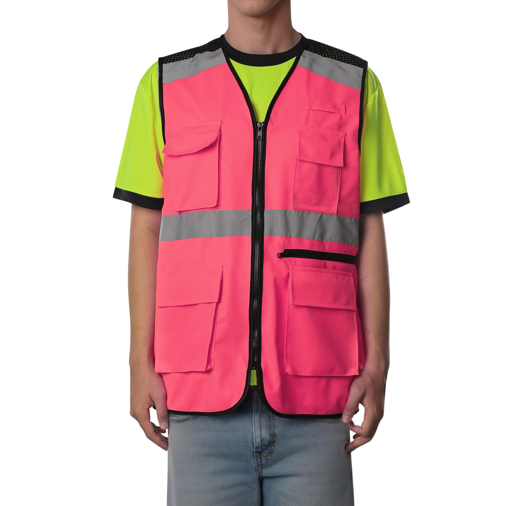Photo 1 of High Visibility Safety Vest with Pockets, Mic Tab, Reflective Strips and Zipper, ANSI/ISEA Standards Large Polyester Fabric & 6 Pockets Pink