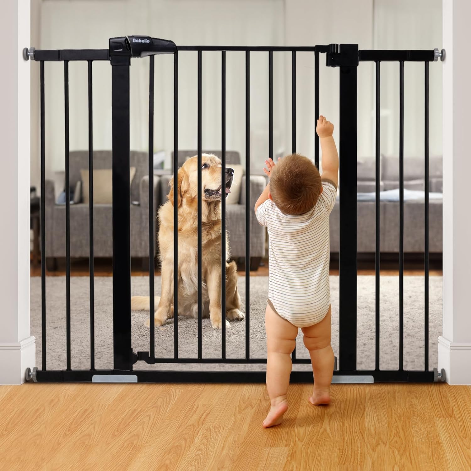 BABELIO 36" Tall Baby Gate PressGuard P7, 29-48" Auto-Close & Pressure Mounted, Black Steel Dog Gate for Stairs & Doorways Black 36"Tall 29"-48" Wide