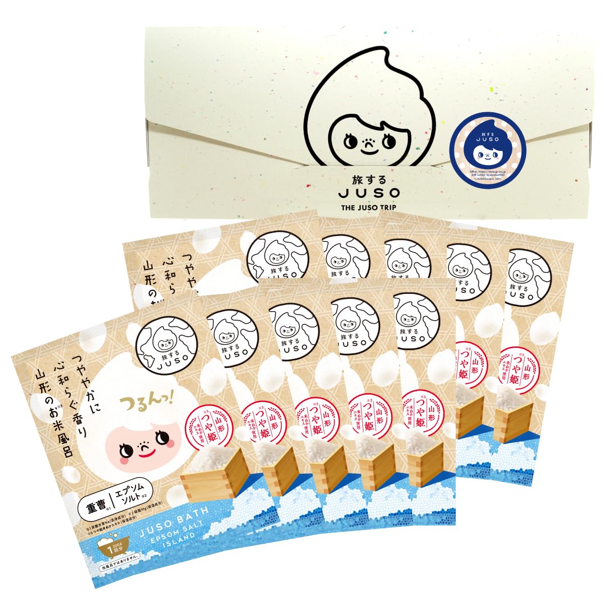 Traveling JUSO BATH POWDER Yamagata Rice Bath, 10 Packets, Individual Packaging, Gift, Bath Salt, Hot Spring Ingredients, Local Baking Soda Bath Powder, Baking Soda, Epsom Salt, Relaxing Japanese : Be