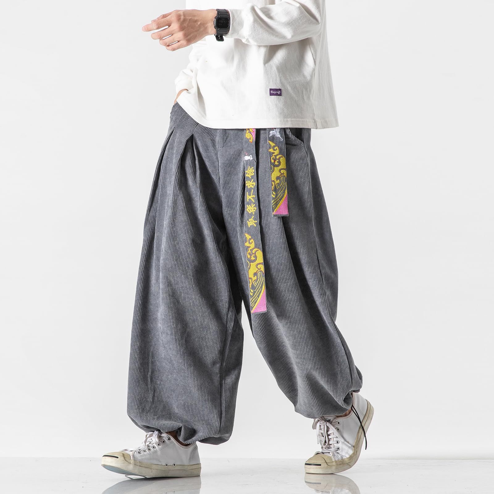 GURUNVANI Pantaloni da uomo in velluto a coste larghi con coulisse pantaloni cargo vintage