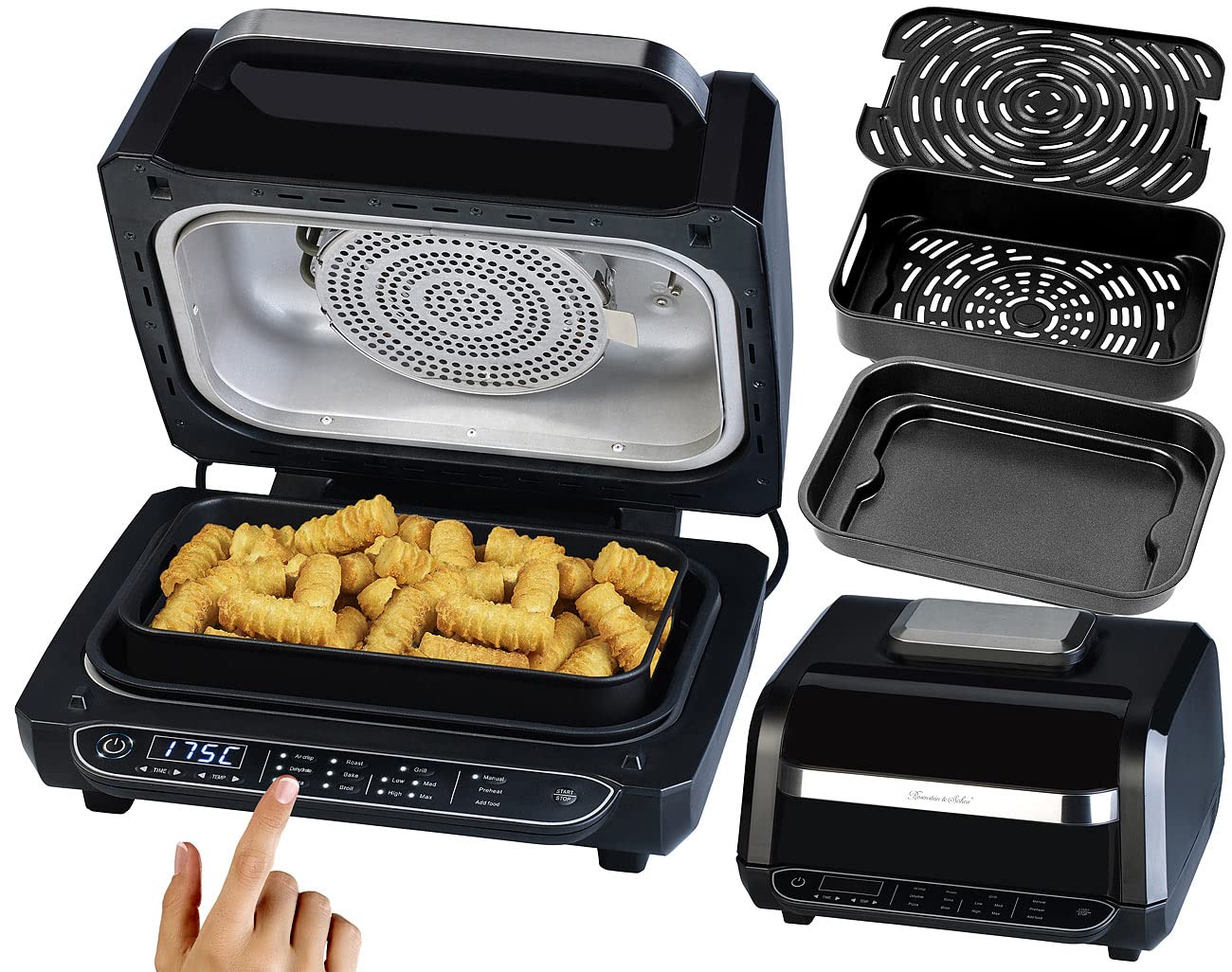 Rosenstein & Söhne Frytkownica beztłuszczowa 3 w 1 z grillem stołowym, 1700 W, wyświetlacz LED, do 7 l, czarna