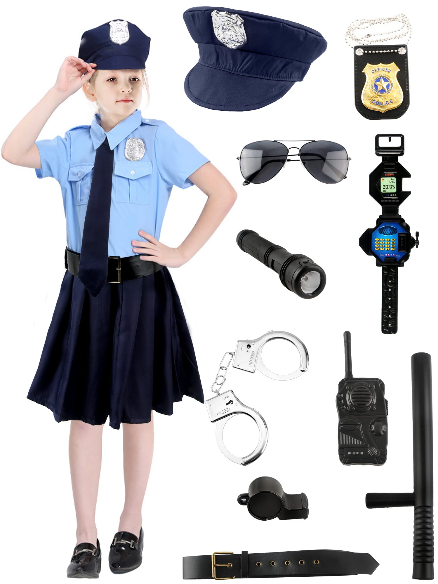 Fahacop Girls Police Costume Police Uniform Dress Cop Costume with Toy Accessories for Girl Halloween Party Role Play Prop
