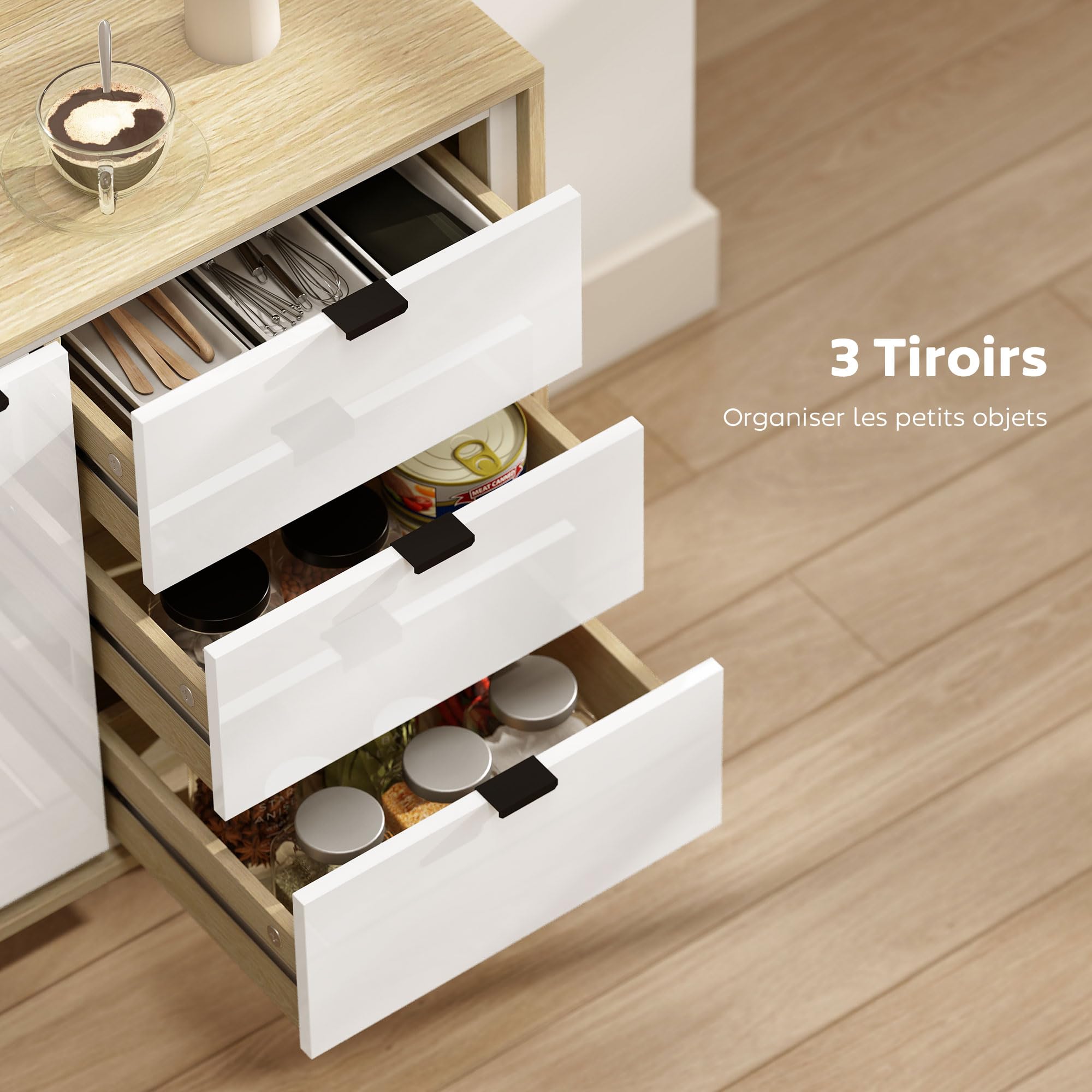 HOMCOM Buffet Salon Meuble de Rangement Armoire de Cuisine avec Placard à 2 Portes 3 tiroirs et étagère réglable, Style Moderne Buffet Salle à Manger et Salon, 80 x 35 x 77 cm, Blanc
