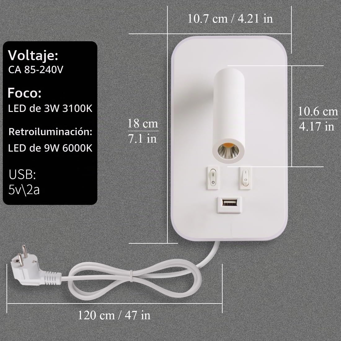 3W+9W LED Lámpara De Lectura Blanco Luz De Lectura Con Interruptor Apliques Para Lectura En Interior Iluminación de Pared puerto de carga USB Para Giratoria Lámpara De Dormitorio,Con Enchufe