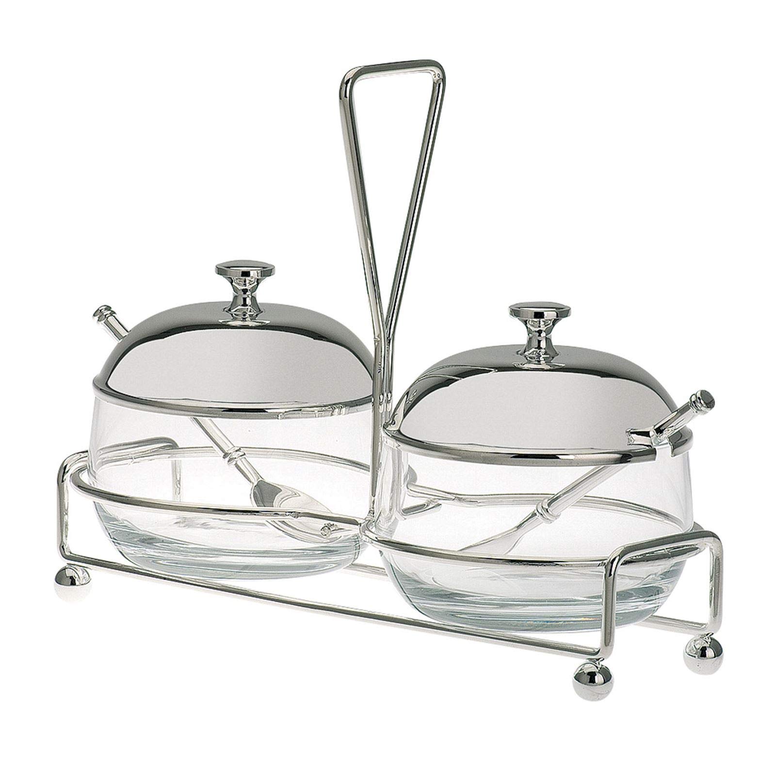 Hochwertiges Marmeladenglas Set mit 2x 255 ml - Mehrzweck-Gläser mit versilberten Tragegestell, Löffel und Deckel mit Knopfgriff - Universal Menage Set ideal als edle Tischdeko