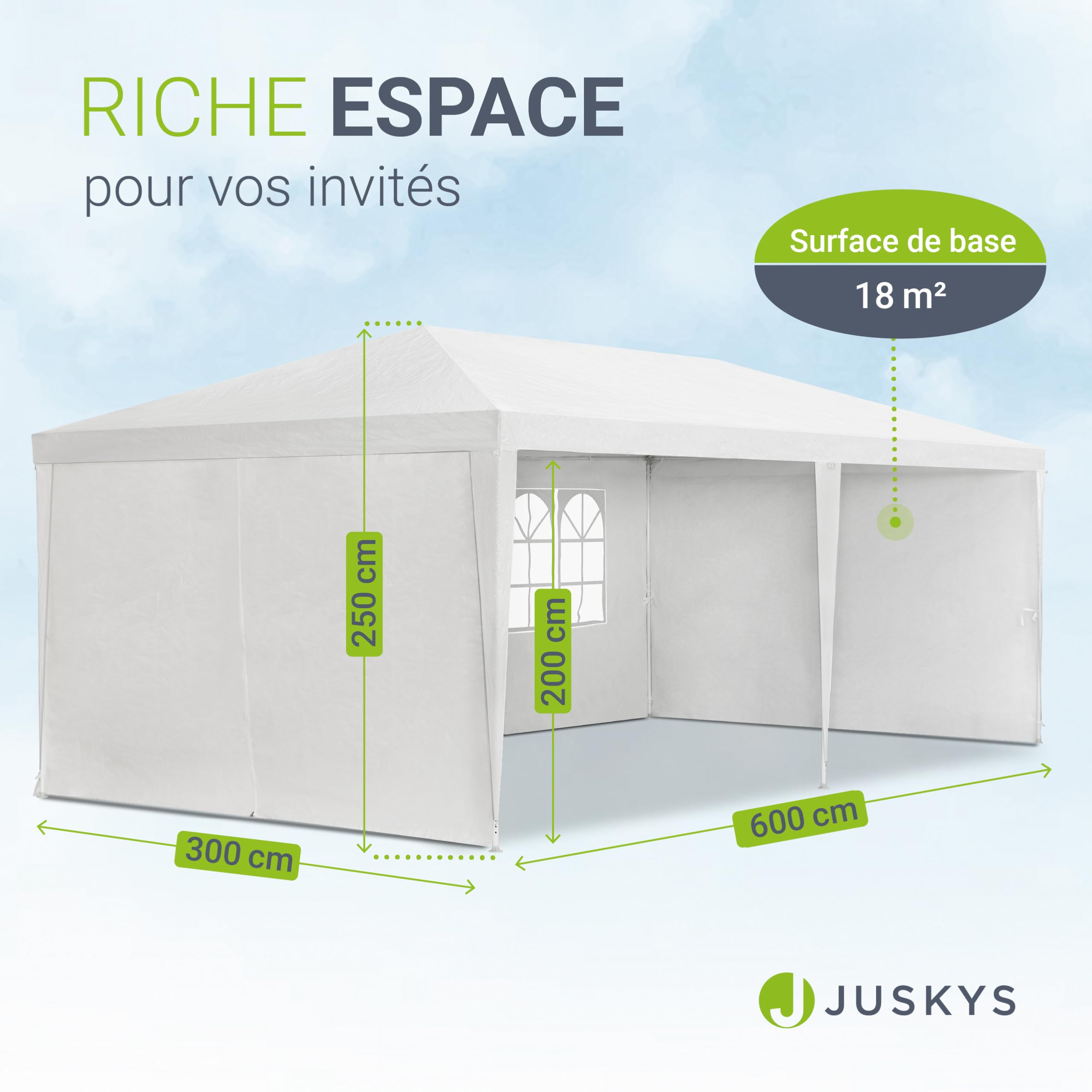 Jusyks Tente de réception 3 x 6 m, Blanc - pavillon de Jardin avec Toit & parois latérales - Tente de Jardin avec 18 m² de Surface au Sol - Protection Contre Le Soleil