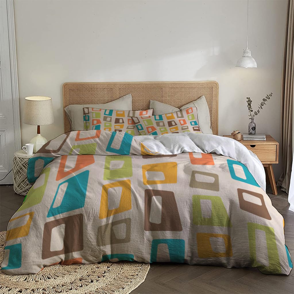 NIBAINLO 布団カバーカラフルなレトロミッドセンチュリー50年代60年代70年代の形状 肌に優しい ピーチスキン加工 掛け布団カバー 和式 洋式 あったか 布団カバーセット リバーシブル ホームステイ ホテル 家庭兼用