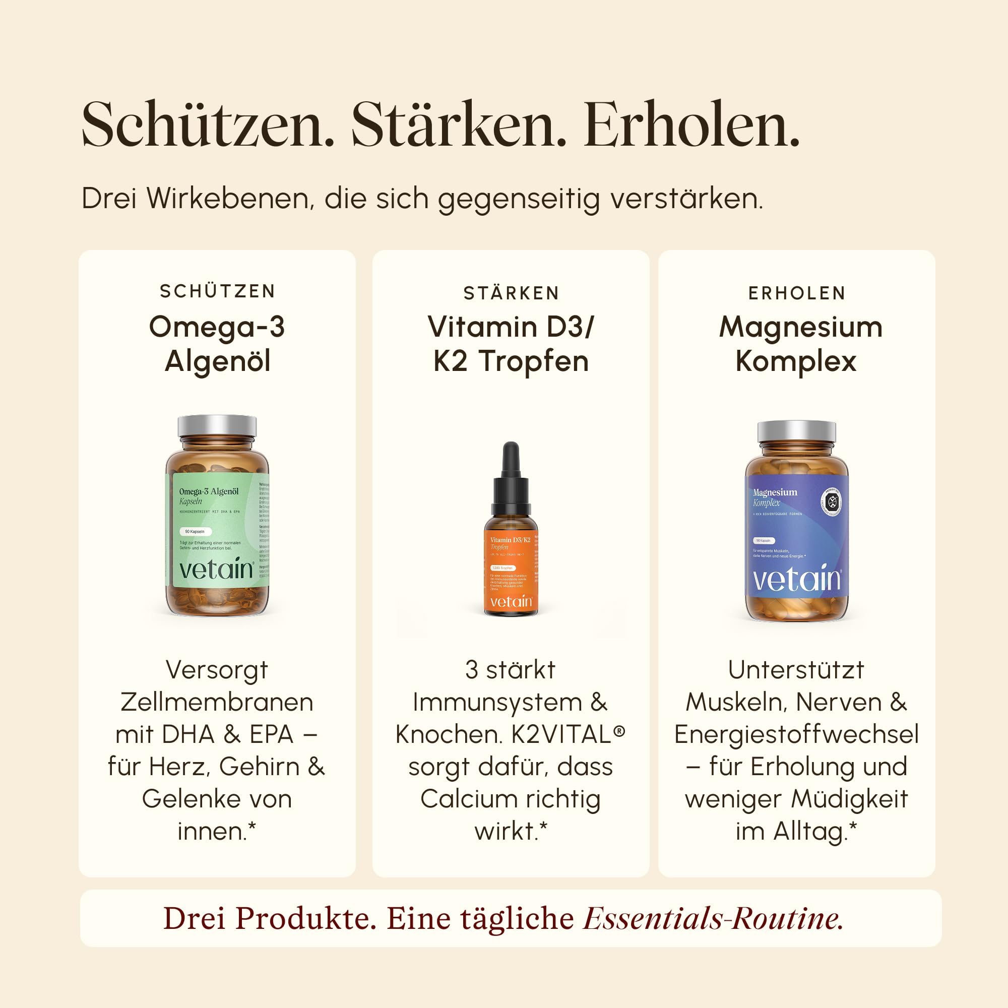 VETAIN Daily Essentials Set – Magnesium Komplex, Omega 3 Vegan & Vitamin D3 K2 Tropfen – hochdosiert & vegan – produziert in Deutschland - GRATIS Premium Tablettenbox