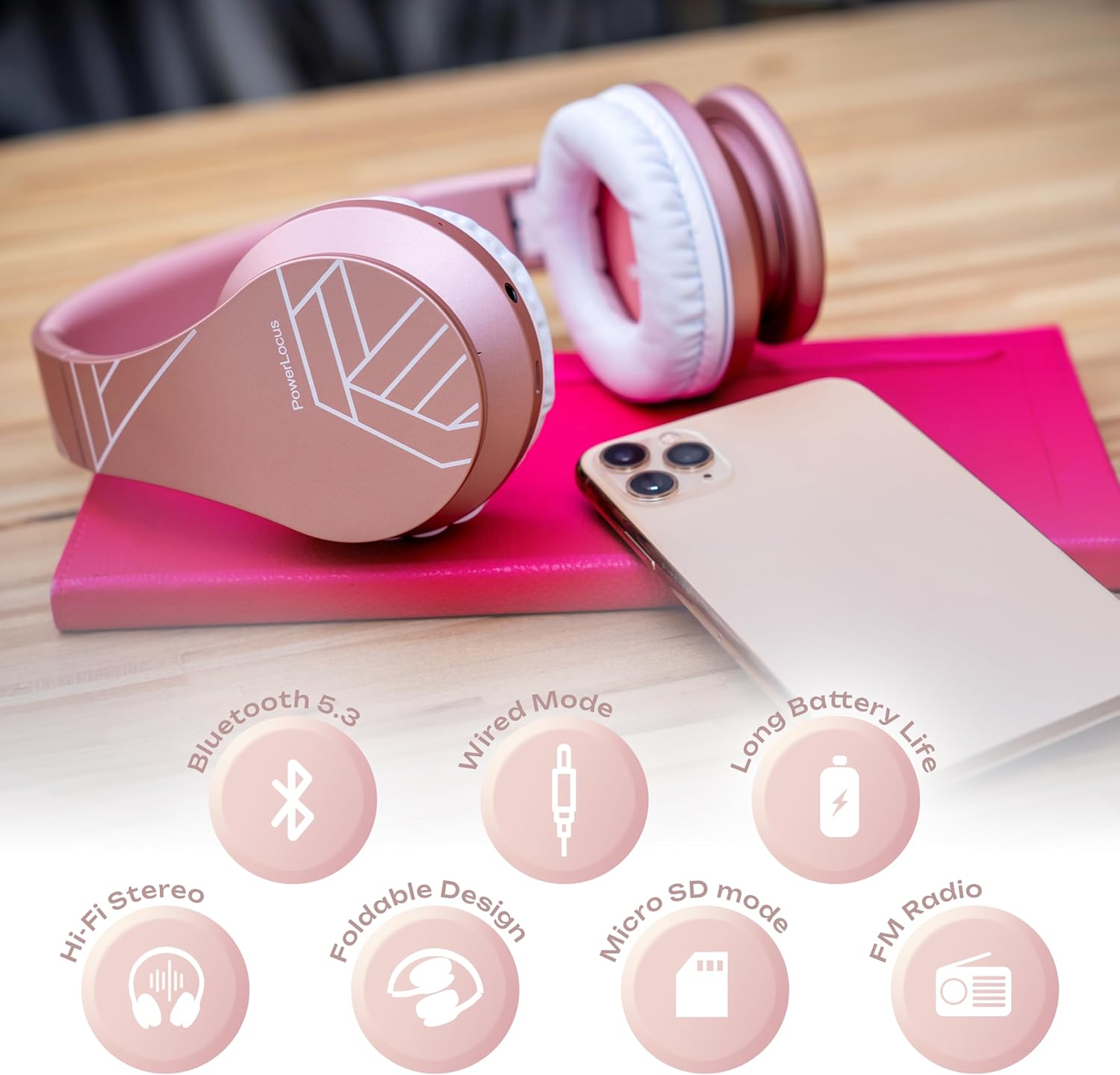 PowerLocus Wireless Bluetooth Over-Ear Stereo Foldable Headphones, Wired Headsets Rechargeable with Built-in Microphone for iPhone, Samsung, LG, iPad (Rose Gold PL Collection)