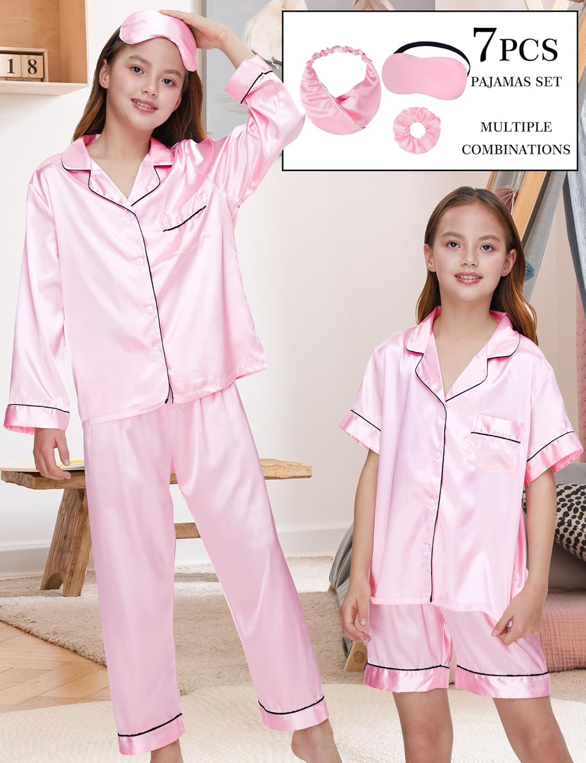 SEALINF 4 Pcs Silk Pajamas for Girls Kids Satin Pajamas Long Short Sleeve Long Pants Shorts Pjs Set with Sleep Mask - Image 2