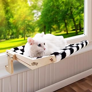 Cat Window Perch Cat Window Hammock with Natural Wooden cat Window Perch Frame, Easy to Adjustable & Assemble Cat Bed Seat for Windowsill, Bedside, Drawer and Cabinet Use Hold Up to 50lbs.