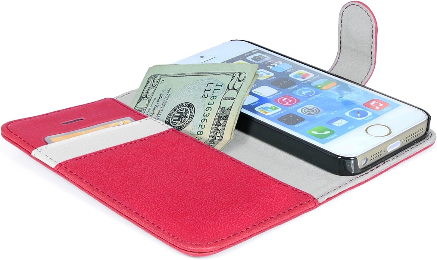 iPhone 5s Case, BUDDIBOX [Wallet Case] Premium PU Leather Wallet Case with [Kickstand] Card Holder and ID Slot for Apple iPhone 5 & 5s, (Pink with White)