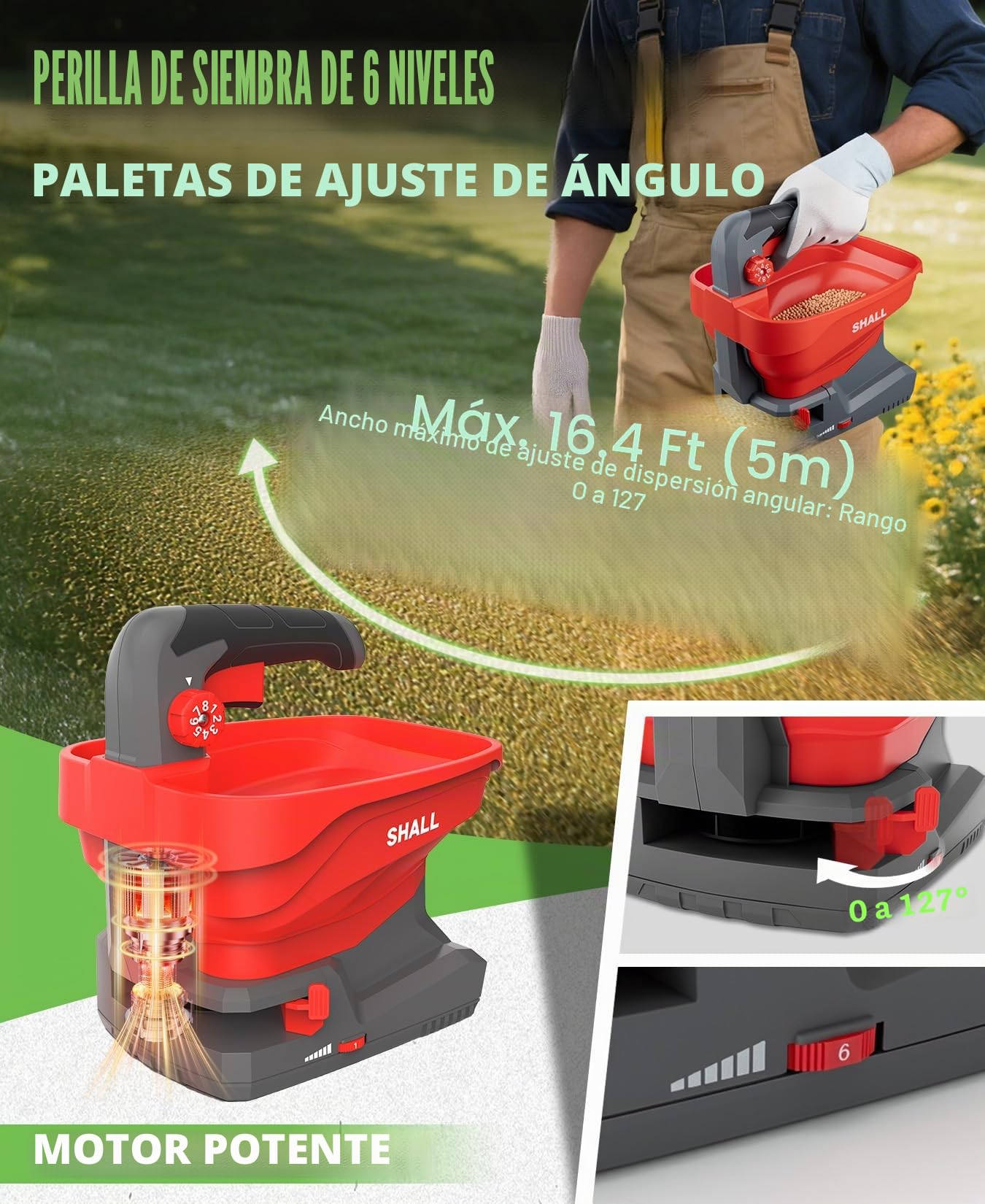 Shall Sembradora Universal con batería Recargable, abonadora eléctrica de 7,2 V, Apta para salazón de Carreteras, remoción de Nieve y siembra, Incluye batería y Cargador.