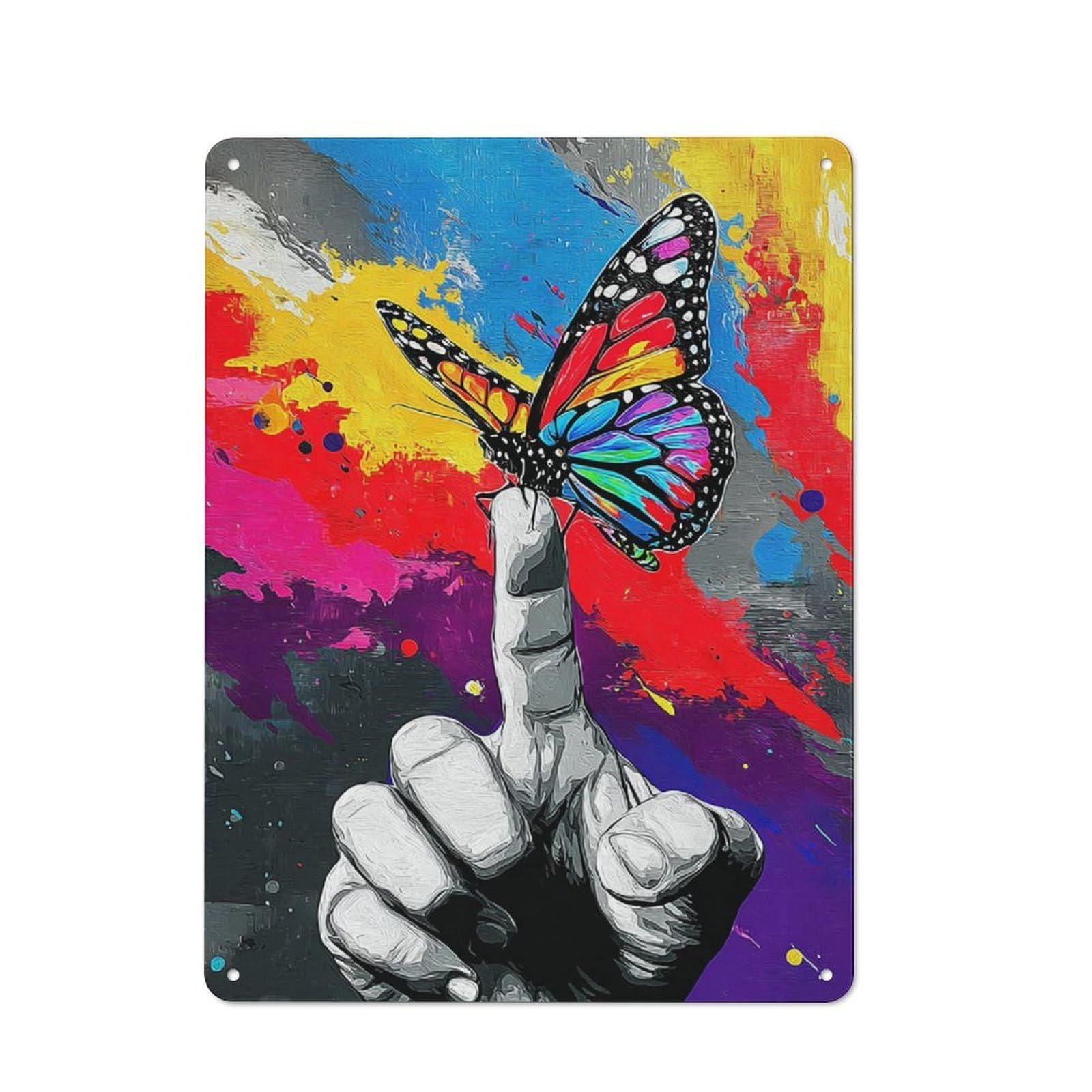 Junmoney Colorful Butterfly On Hand Character Decorative Tin Plaque 40X30cm Featuring Small Space Decor For Bedroom, Kitchen, Office Or Living Room