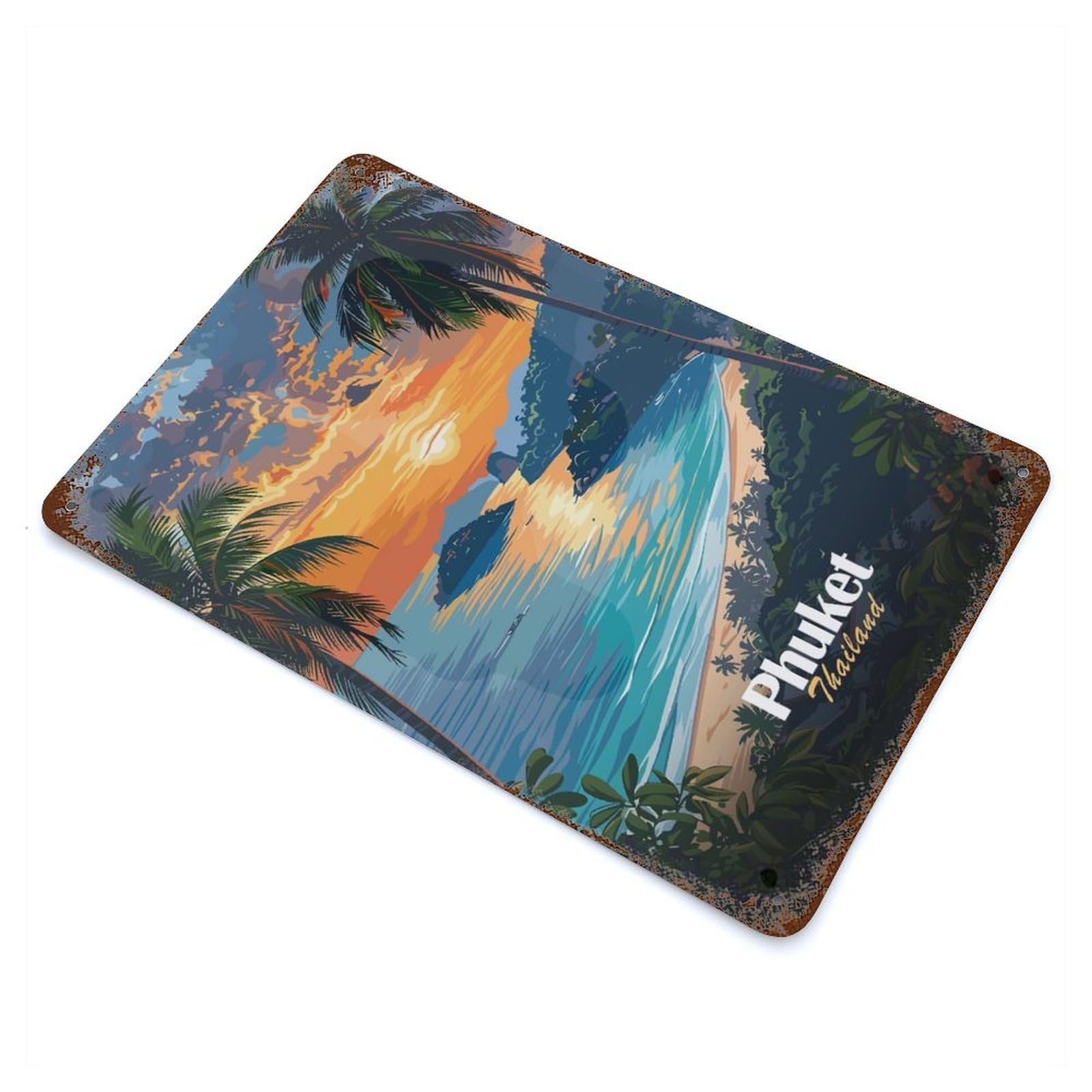 Phuket Sunset Beach Decorative Tin Sign 11.8"x7.9", Retro Wall Decor for Basement, Hobby Room And Garage Decor