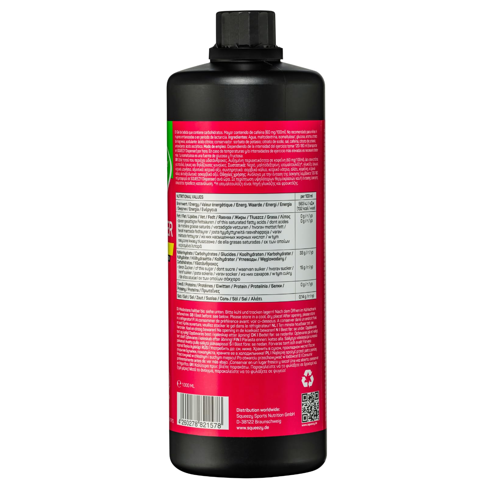 Squeezy Liquid Energy Refiller (Zitrone+Koffein) 1000 ml - Sport Energy Gel mit erhöhtem Wasseranteil für schnelle & dauerhafte Energie bei maximaler Verträglichkeit - ohne Nachtrinken
