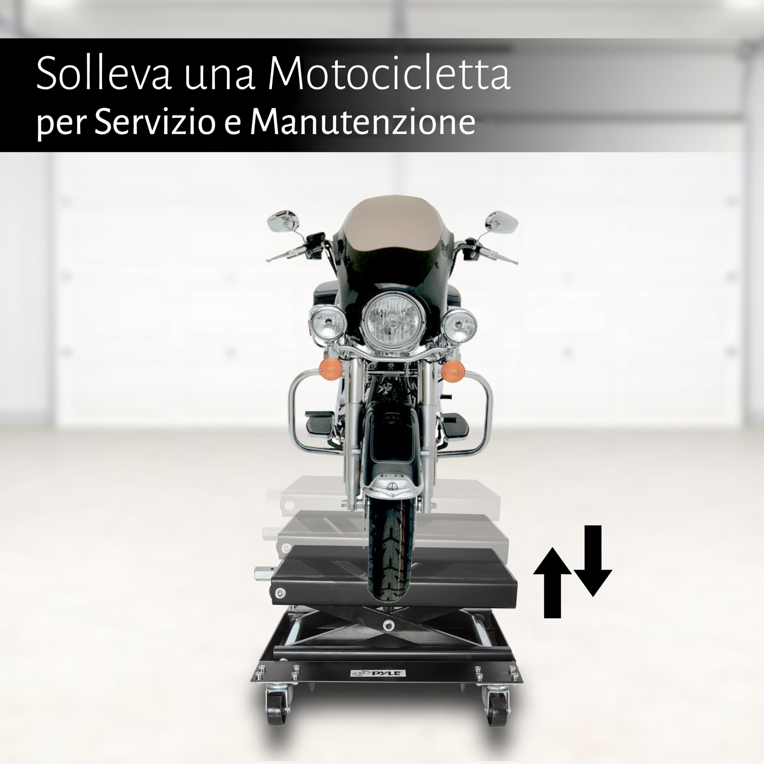 Pyle Sollevatore Moto, Cavalletto Moto in Acciaio Resistente, Capacità 500 kg, Rivestimento Nero, Ruote Girevoli, Pieghevole e Portatile