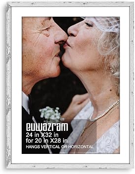 Rustic White 24x32 Frame - Single Frame, 24 x 32 Poster Frame with Mat for 20x28, Picture Frames for Artwork, Puzzles, Photos and Movie Posters
