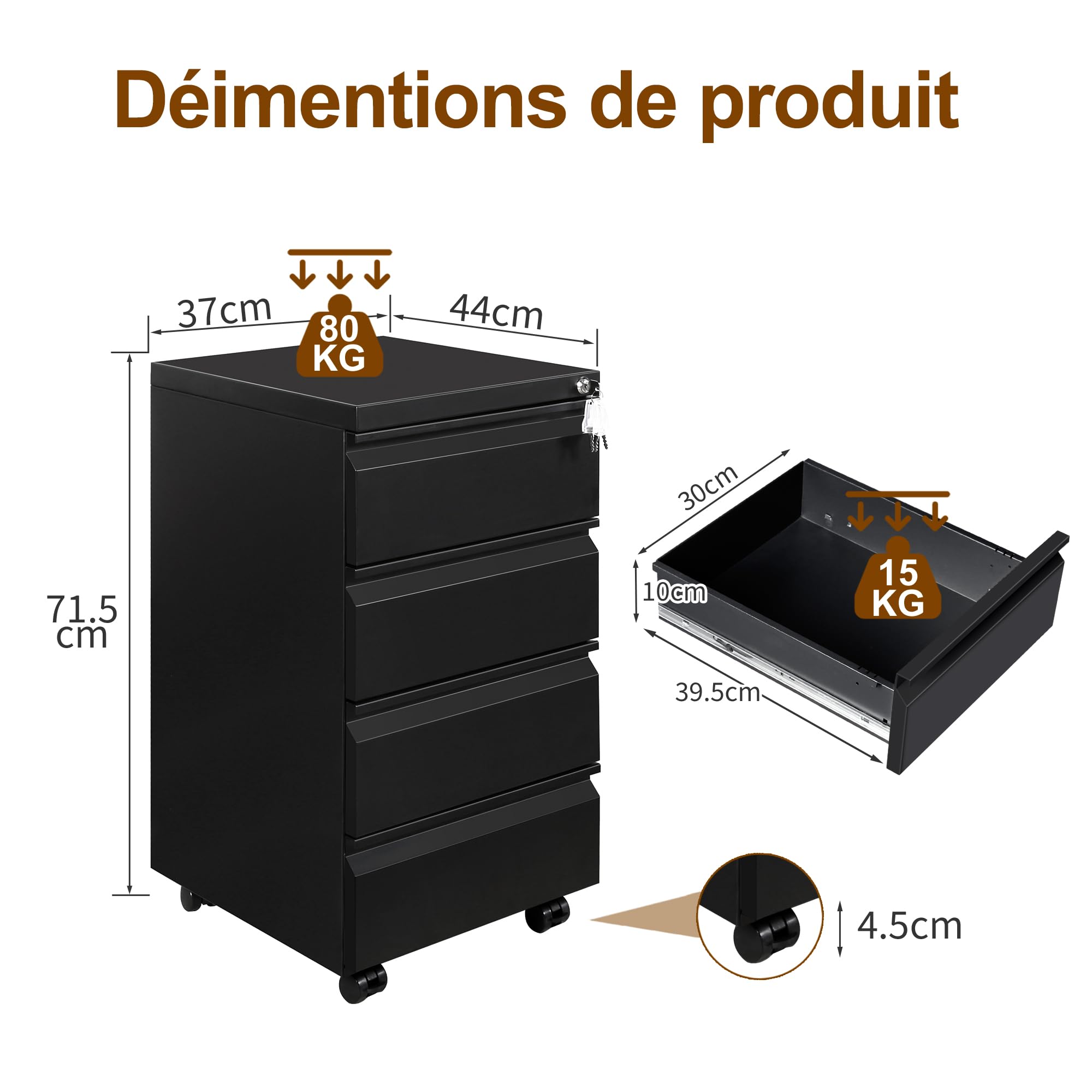 Caisson de Bureau Metal, Caisson de Rangement Mobile, Caisson à 4 Tiroirs, Meuble de Rangement Bureau, avec Serrure, 4 Clés, Prémonté, Noir
