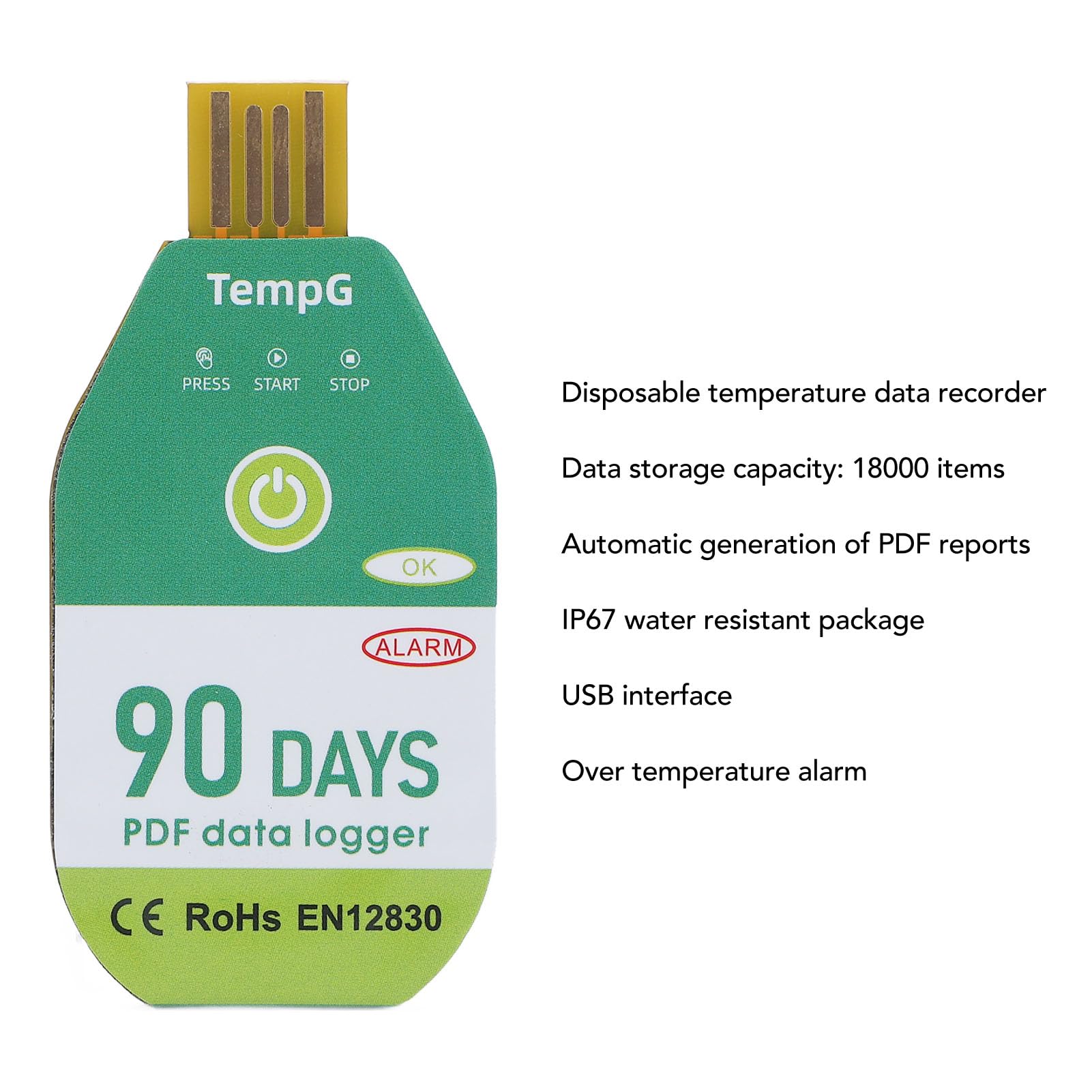 Registratore del logger dati di temperatura USB, IP67 Acqua PDF Temperatura Dati Logger Single per il trasporto della catena a freddo (90 Days)