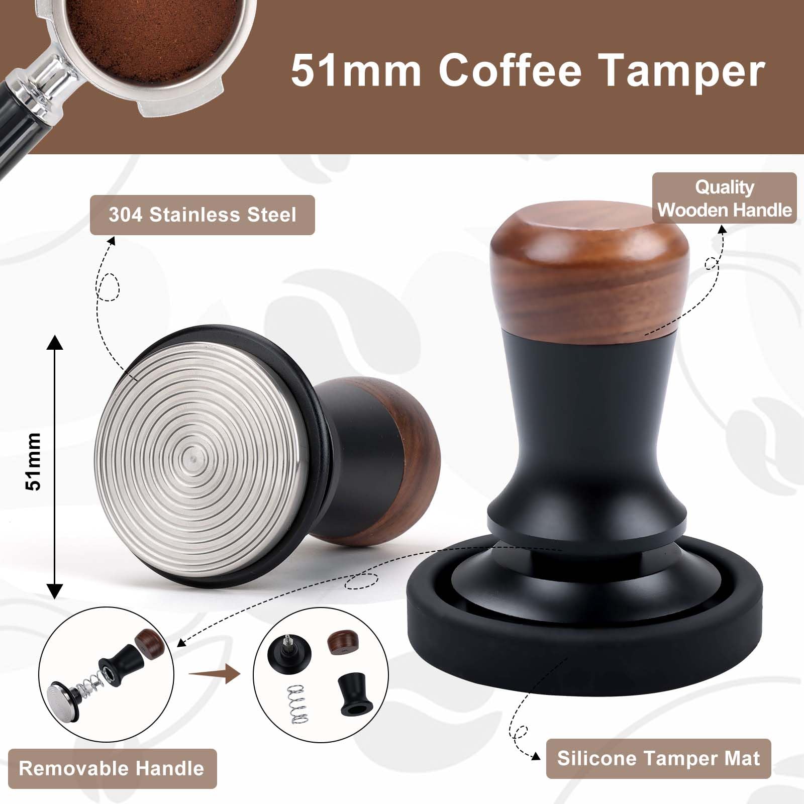 Zestaw Espresso 51 mm 3 w 1, tamper 51 mm z drewnianym uchwytem | Kompletny zestaw: Tamper 51mm, WDT, silikonowa mata do domowej kawy