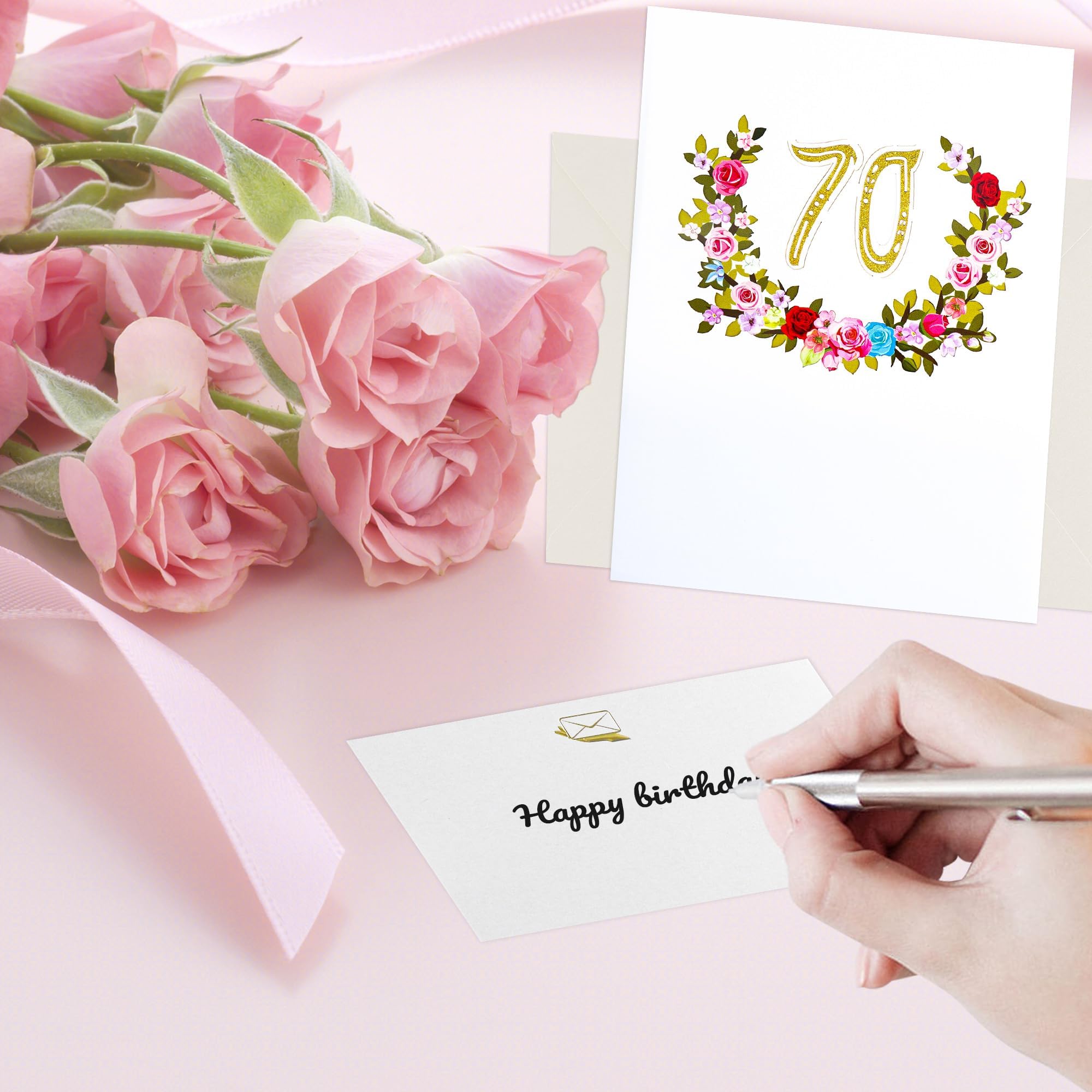 Handmade Geburtstagskarte 'Alter 70' Mit Blumen & Glitzer – 16x16 Cm, Weiß, Inkl. Umschlag