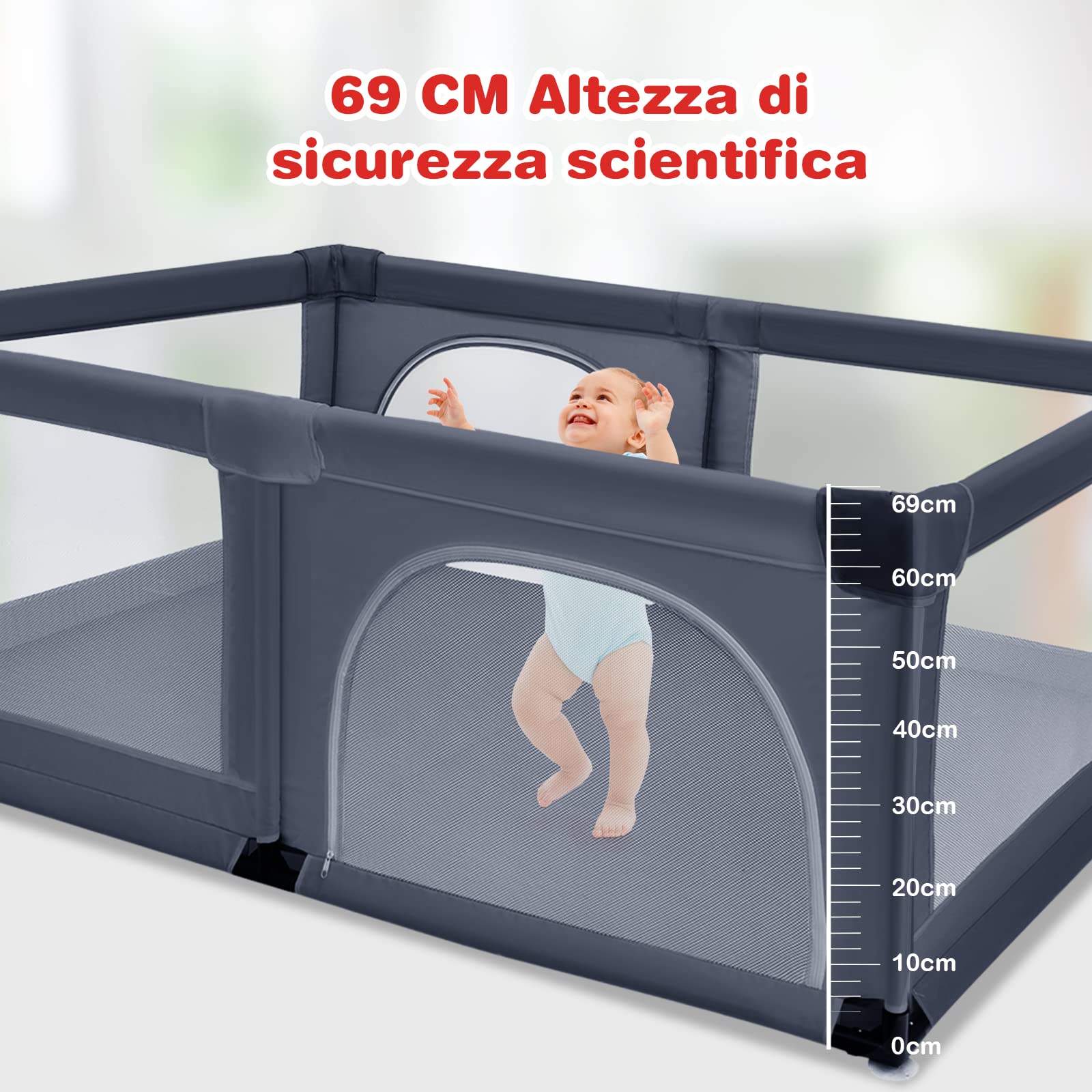 COSTWAY Box per Bambini, Centro Attività Portatile e Sicuro per Bambini, Box Colorato con Cancello, Recinto Extra per Interno ed Esterno con Rete Traspirante Durevole (Grigio scuro)