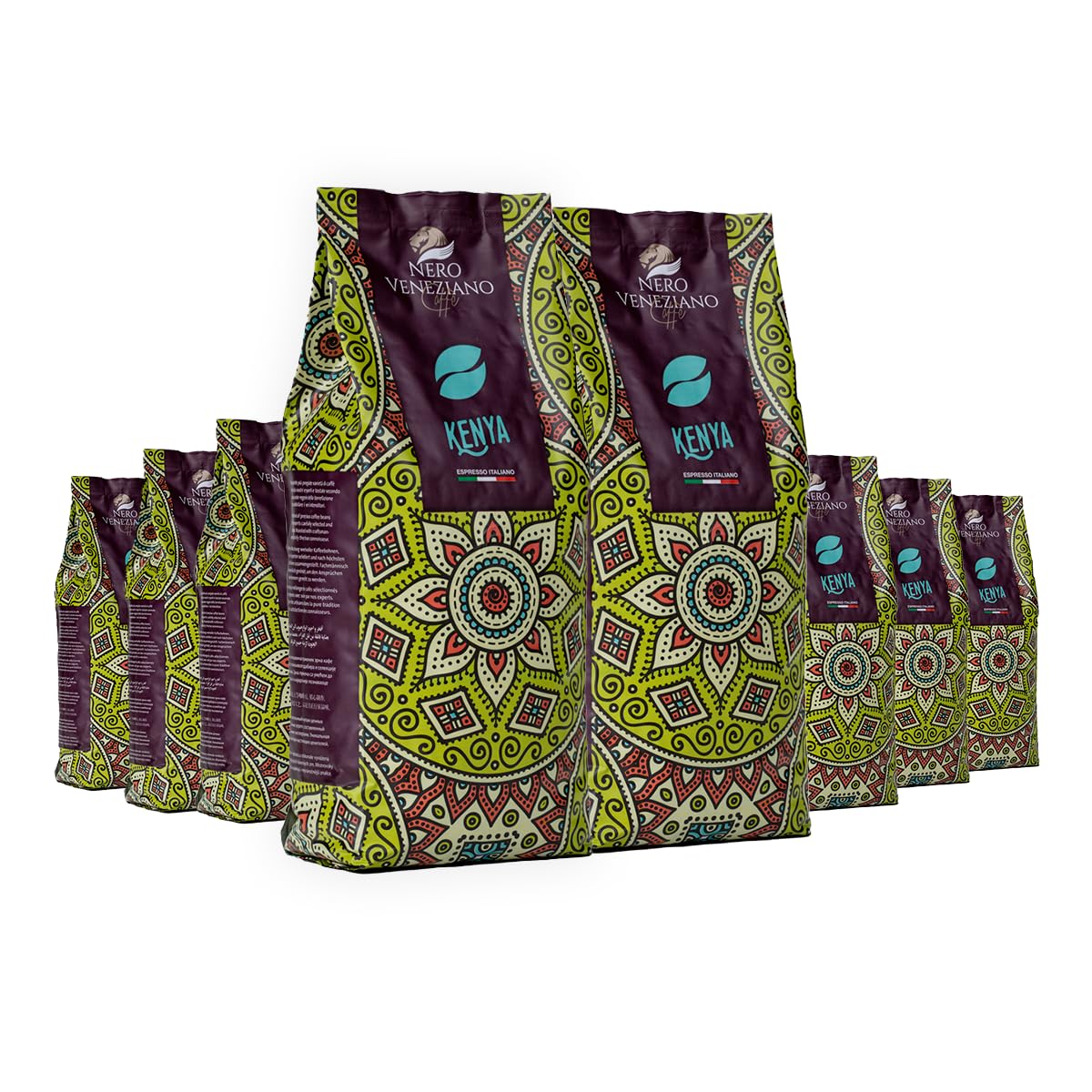 Nero Veneziano Kenya Caffè in Grani 8x1 kg, 30% Arabica 70% Canephora, Tostatura Media, Note di Ribes Nero e Spezie, Corpo Robusto, per Espresso e Automatiche