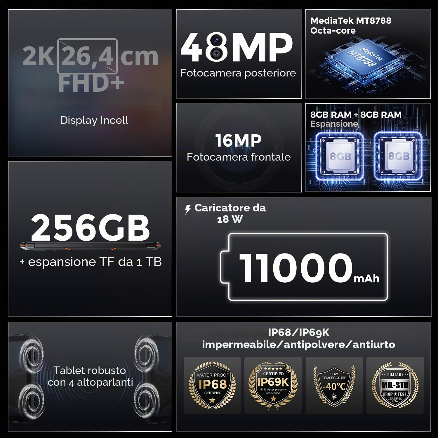 FOSSiBOT DT1 Rugged Tablet, Batteria 11000mAh, 16GB+256GB(1TB Extend), 48MP+16MP Fotocamera,10.4'' 2K Display Android 13 IP68 IP69K Tablet,Dual SIM 4G, 4 Stereo Altoparlante, GPS Arancione