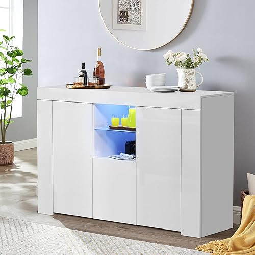 Miniatura 9 de AWQM Morden Aparador con luces LED16 colores, panel de alto brillo, revestimiento UV, perfecto como armario de cocina, armario de bar, aparador