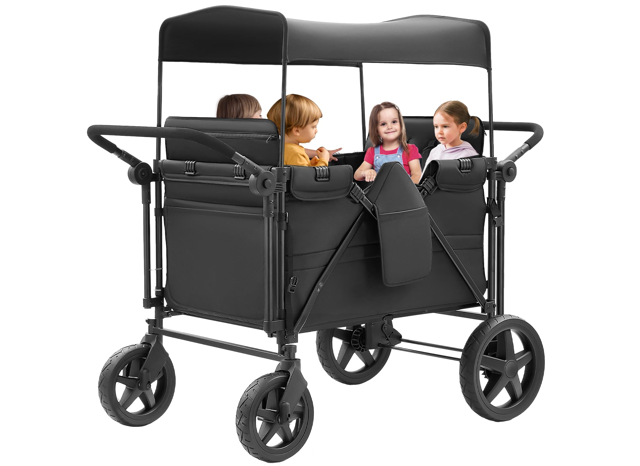 Stroller Wagon for 4 Kids, Wagon Stroller Featuring 4 High Seat with 5-Point Harnesses and Adjustable Canopy, Foldable Double Push Bar Stroller for Garden, Camping (Black)