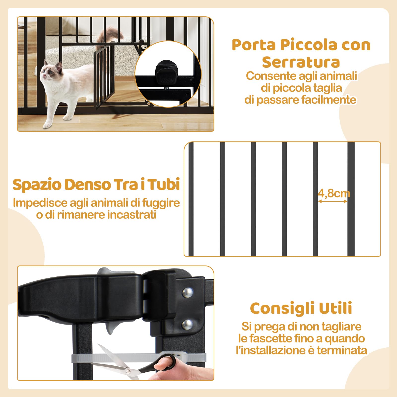 COSTWAY Cancelletto per Cani per Aperture 74-104 cm, Cancello per Cani con Porta Piccola, 2 Estensioni e Doppio Blocco, Cancelletto in Metallo da Interno per Cucina, Scale e Soggiorno (Nero)